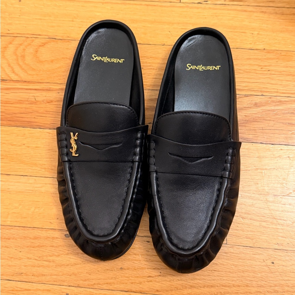 Saint Laurent Black Leather Slip-On Loafers with Gold Accent